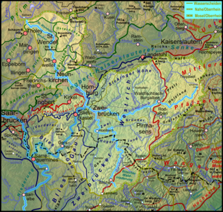 Karte des Einzugsgebietes; Schwarzbach und Hornbach sind ebenfalls hervorgehoben.