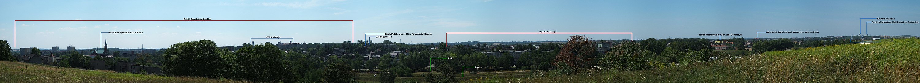 Panorama Brzozowic i Kamienia (po prawej część śródmieścia z Kalwarią i Bazyliką NMP)