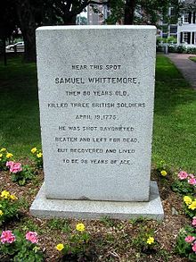A picture of a monument for Samuel Whittemore with the inscription «Near this spot, Samuel Whittemore, then 80 years old, killed three British soldiers, April 19, 1775. He was shot, bayoneted, beaten and left for dead, but recovered and lived to be 98 years of age.»