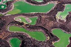 Eau et lave à l'extrémité sud du lac Turkana, Kenya.