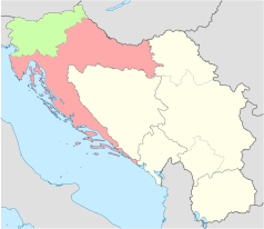 Mapa konturowa Jugosławii, po prawej nieco u góry znajduje się punkt z opisem „Belgrad”