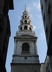 Steeple of St Bride's Church from Fleet Street