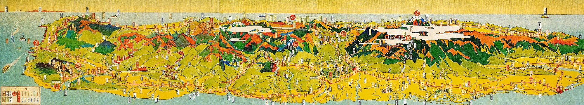 1928年，鐵道部於台灣日日新報刊登的觀光地圖，上面標明台灣鐵路沿線各大站及城鎮位置，並註記台灣八景與十二名勝