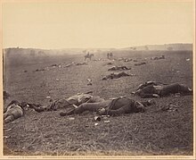 Black and white photograph showing bodies lying on the ground, from the foreground to the horizon.