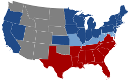 Az államok térképe az amerikai polgárháborúban: * Az Egyesült Államokhoz lojális szabad államok (kék) * Déli államok, amelyek kiváltak és megalakították a Konföderációt (piros) * Az Unióban maradó déli államok (világoskék) * Indián Terület (szürke)