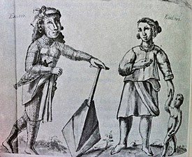 An illustration from Historia de las Islas e Indios de Bisayas depicting a tattooed Visayan horo-han (commoner warrior) with a leaf-shaped paddle (bugsay).