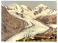 Der Tschiervagletscher um 1890 auf einer Photochrom-Postkarte; rechts hinter der Seitenmoräne der Roseggletscher