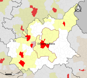 Localisation de l'aire d'attraction de Digne-les-Bains dans le département des Alpes-de-Haute-Provence.