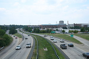 North Carolina Highway 147 passing through downtown Durham viewed from the Fayetteville St overpass.