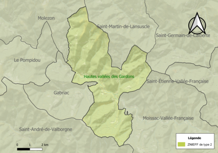 Carte de la ZNIEFF de type 2 sur la commune.