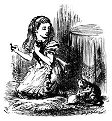 テニエルの挿絵：アリスと猫たち。『鏡の国のアリス』より。