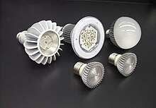 An assortment of energy-efficient semiconductor (LED) lamps for commercial and residential lighting use. LED lamps to use at least 75% less energy, and last 25 times longer, than traditional incandescent light bulbs. Assorted LED Lamps.jpg