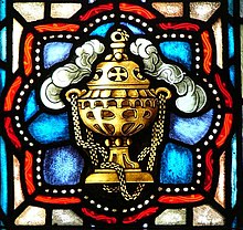 Image of a thurible in a stained glass window, St. Ignatius Church, Chestnut Hill, Massachusetts BC St. Ignatius apse window 3.jpg