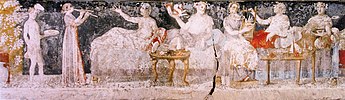 Banquet scene from the tomb of Agios Athanasios, Thessaloniki, 4th century BC. Banquet, tombe d'Agios Athanasios.jpg