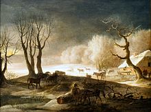 Peinture représentant des chevaux marchant aux milieu d'arbres dans une lumière sombre, les arbres du fond sont baignés par la lumière du jour