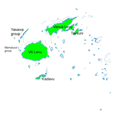 Endêmico de Fiji. Área de ocorrência em verde.