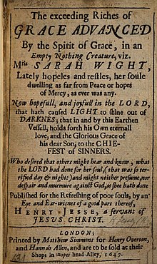 Title page of The Exceeding Riches of Grace (1647), probably the most popular book Allen sold.