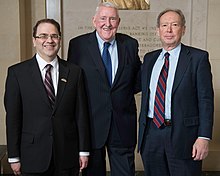Former Bank Presidents (left to right) Narayana Kocherlakota (2009-2015), E. Gerald Corrigan (1980-1984), and Gary H. Stern (1985-2009) FRS NY cent grp 121613 0551 02836 (14103256853).jpg