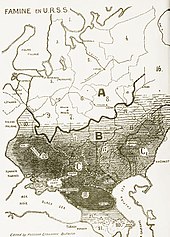 The Soviet famine of 1930-1933, with areas where the effects of famine were most severe shaded Famine en URSS 1933.jpg