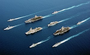 Four modern aircraft carriers of various types--USS John C. Stennis, Charles de Gaulle (French Navy), USS John F. Kennedy, helicopter carrier HMS Ocean--and escort vessels, 2002 Fleet 5 nations.jpg