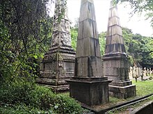 Kuhlan Monument (centre) in Hong Kong Cemetery, commemorating the battle. The obelisk on the left is the Fronde Memorial. The one on the right is the HMS Vestal Memorial, commemorating officers and crew of HMS Vestal who died between 1844 and 1847. Fronde Memorial in Hong Kong Cemetery 02.jpg