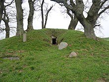 Ein mit Gras bedeckter Hügel auf dem ein paar Bäume stehen. Im Hügel ist ein kleiner Eingang in das unterirdische Ganggrab Rishøj zu sehen.