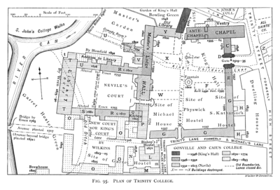 A historical plan of the development of Trinity College by 1897. Historical plan of Trinity College, Cambridge (1897) - cambridgedescri00atkiuoft 0571.png