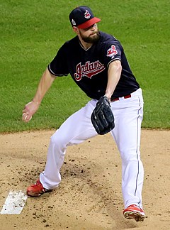 Indians starter Corey Kluber delivers a pitch during the first inning of World Series Game 7. (30110828584) (cropped).jpg