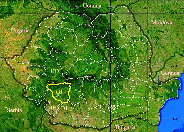 Harta României cu județul Gorj indicat