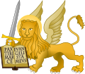 Part of Venice's coat of arms: a winged lion holding a sword upright and showing an opened book with the words: "Pax tibi, Marce, evangelista meus."