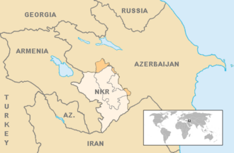 The final borders of the conflict after the 1994 ceasefire was signed. Armenian forces of Nagorno-Karabakh occupied 16% of Azerbaijan's territory, while Azerbaijani forces control Shahumian and the eastern parts of Martakert and Martuni. Location Nagorno-Karabakh en.png