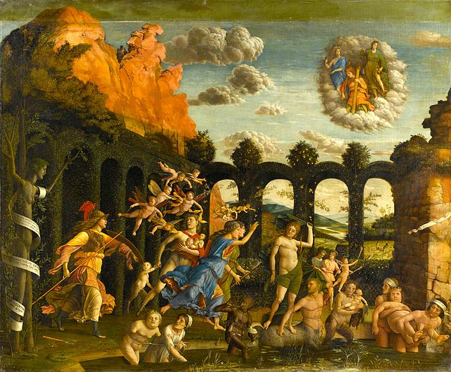 "Triumph of Virtues" by Andrea Mantegna, at the Apartment of Isabella d'Este.Minerva (Athena) is shown expelling Vices from the Garden of Virtue and rescuing Diana (Artemis), shown being carried away by a centaur