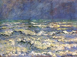 Zeezicht van Claude Monet, 1881. Enkel zee en lucht, met een vage contour van een landmassa. De lucht is zwaar violet en bruin, het water een onrustige massa van wit, violet, groen, geel en zwart.