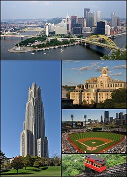 From top to bottom, left to right: Pittsburgh skyline; Cathedral of Learning at the University of Pittsburgh; Carnegie Mellon University; PNC Park; Duquesne Incline