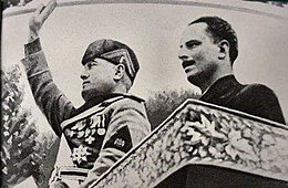 Italian far-right figure Benito Mussolini (left) greatly influenced Oswald Mosley (right) and contributed to the evolution of his ultranationalist faction called the British Union of Fascists, with them appearing together on this occasion in Italy itself. Oswald Mosley and Benito Mussolini 1936.jpg