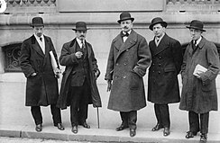 Russolo, Carra, Marinetti, Boccioni and Severini in front of Le Figaro, Paris, 9 February 1912.jpg