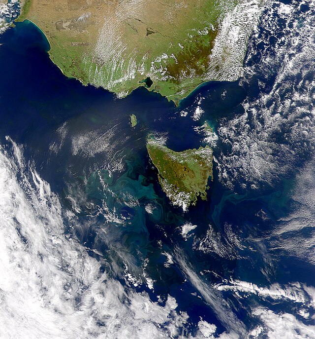 This true-color satellite image shows a large phytoplankton bloom, several hundred square kilometers in size, in the Indian Ocean off the west coast of Tasmania. In this scene, the rich concentration of microscopic marine plants gives the water a lighter, more turquoise appearance which helps to highlight the current patterns there. Notice the eddies, or vortices in the water, that can be seen in several places. It is possible that these eddies were formed by converging ocean currents flowing around Tasmania, or by fresh river runoff from the island, or both. Often, eddies in the sea serve as a means for stirring the water, thus providing nutrients that help support phytoplankton blooms, which in turn provide nutrition for other organisms. Effectively, these eddies help feed the sea (click to read an article on this topic).  This image was acquired November 7, 2000, by the Sea-viewing Wide Field-of-view Sensor (SeaWiFS) flying aboard the Orbview-2 satellite. Tasmania is located off Australia's southeastern coast.