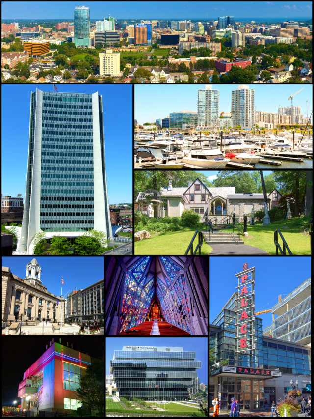 Do topo, em sentido horário: Centro de Stamford, Harbor Point, Stamford Museum & Nature Center, Stamford Center for the Arts, Fish Church, One Stamford Forum, Stamford Transportation Center, Old Town Hall, e One Landmark Square