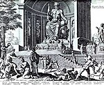 The Statue of Zeus at OlympiaPhidias created the 12 m (40 ft) tall statue of Zeus at Olympia about 435 BC. The statue was perhaps the most famous sculpture in Ancient Greece, imagined here in a 16th century engraving