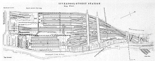 Ground plan of expanded station (1895). At the time, Liverpool Street had the most platforms of any London terminus station. The Engineer 1894 (8 June) Liverpool Street Station extension (plan).jpg