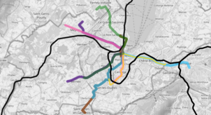 Tram and rail coverage of Geneva's urban area Tram and rail network geneva.png