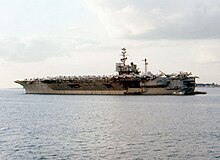 America moored in the Solent during a visit to the United Kingdom in December 1971 USS America in the Solent, Great Britain, December 1971.jpg