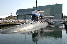 USS New Hampshire, the first of the Block II boats US Navy 080621-N-8467N-001 Pre-commissioning Unit New Hampshire (SSN 778) sits moored to the pier at General Dynamics Electric Boat shipyard moments before her christening ceremony commenced.jpg