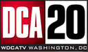 A red box with the white letters D C A next to a white box with the black letters 20 and beneath, "W D C A TV Washington, DC"