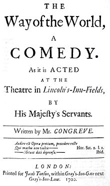 Facsimile of the original title page for William Congreve's The Way of the World published in 1700, on which the epigraph from Horace's Satires can be seen in the bottom quarter. Way of the World cover (Congreve, 1700).jpg