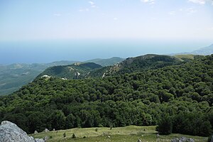 Гори Басамах-Хая, Базарбай (гора) і Шан-Кая. Вид з півночі (з Демерджі-яйли). На дальньому плані — Чорне море.