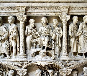 Roman putti on columns of the Sarcophagus of Junius Bassus, 389, marble, Museo del tesoro di San Pietro, St. Peter's Basilica, Vatican City[8]