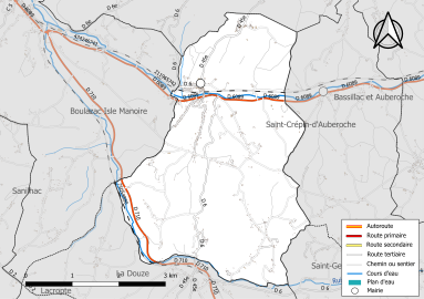 Carte en couleur présentant le réseau hydrographique de la commune