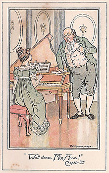 illustration-couleur. Mr Musgrove, appuyé sur le piano, se penche vers Anne assise, prête à jouer