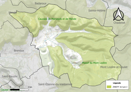 Carte des ZNIEFF de type 2 sur la commune.